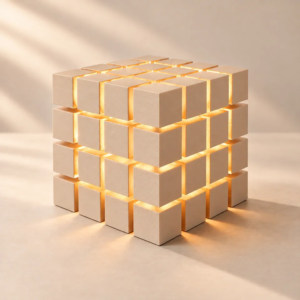 Ten renkli, ışığı küp bloklarının arasından süzülen CubeStack masa lambası