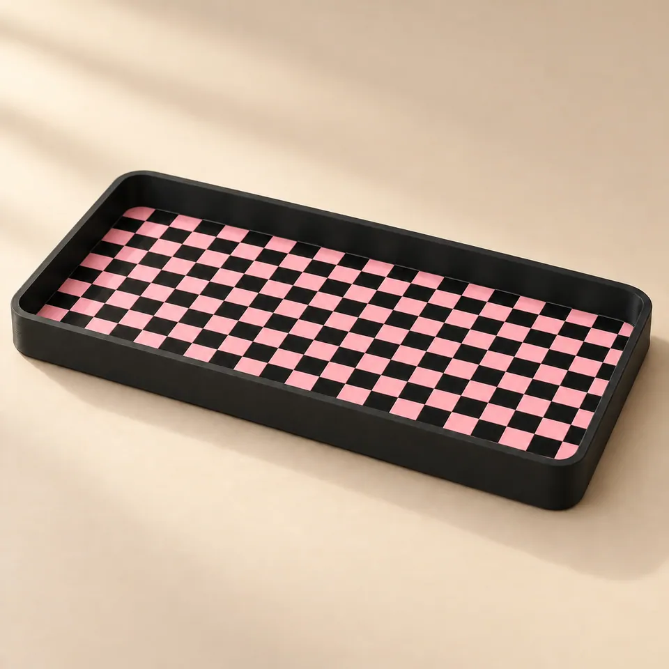 Siyah-Flamingo Pembe renklerinde damalı 3D baskı mini tepsi