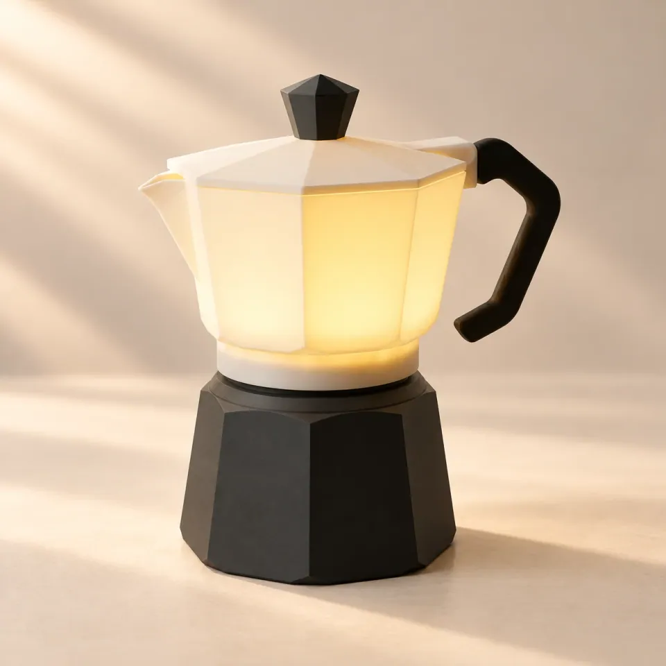Krem gövdesi içten aydınlanan, siyah tabanlı ve kulplu moka pot formunda Moka Lamp
