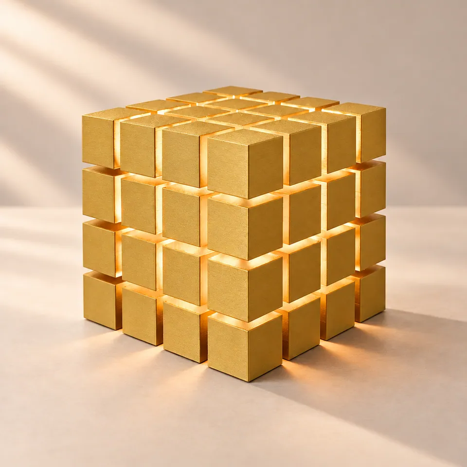 Gold Silk renkli, ışığı küp bloklarının arasından süzülen CubeStack masa lambası